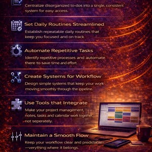 Pode incluir: Uma infografia com o t&iacute;tulo "O QUE VOC&Ecirc; APRENDER&Aacute;" e marcadores detalhando estrat&eacute;gias de produtividade. A imagem inclui um laptop, smartphone e x&iacute;cara de caf&eacute;, sugerindo um espa&ccedil;o de trabalho moderno. O texto enfatiza a organiza&ccedil;&atilde;o de tarefas, rotinas simplificadas e otimiza&ccedil;&atilde;o do fluxo de trabalho.