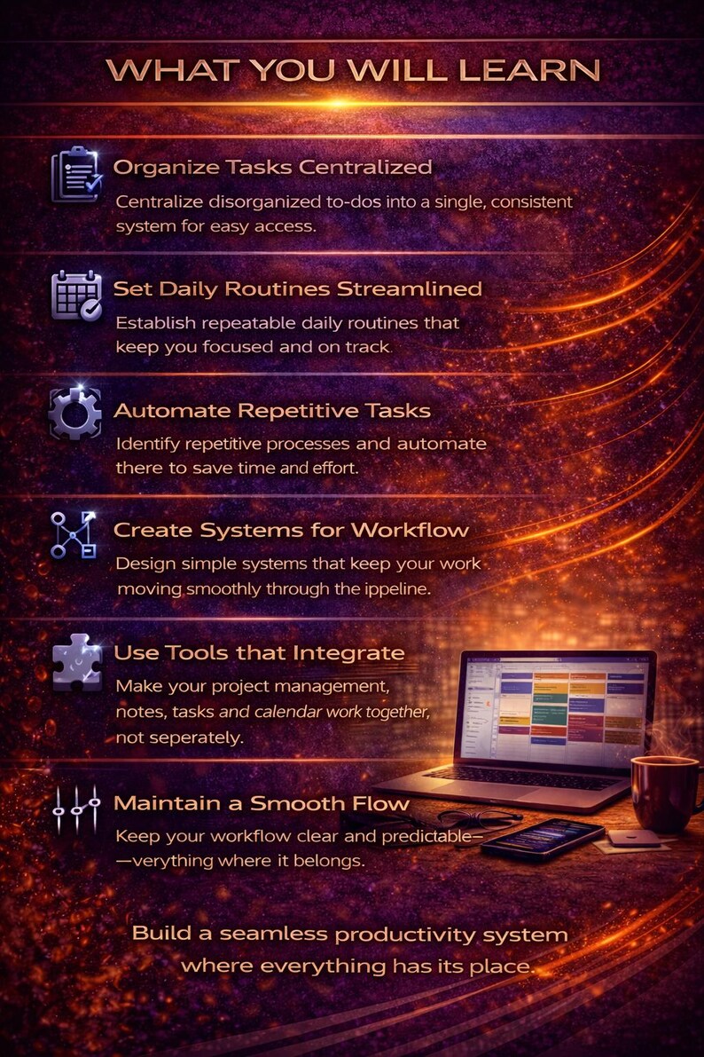 Pode incluir: Uma infografia com o t&iacute;tulo "O QUE VOC&Ecirc; APRENDER&Aacute;" e marcadores detalhando estrat&eacute;gias de produtividade. A imagem inclui um laptop, smartphone e x&iacute;cara de caf&eacute;, sugerindo um espa&ccedil;o de trabalho moderno. O texto enfatiza a organiza&ccedil;&atilde;o de tarefas, rotinas simplificadas e otimiza&ccedil;&atilde;o do fluxo de trabalho.