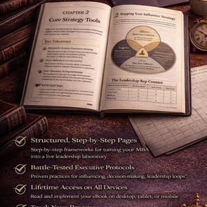 Puede incluir: Un libro abierto con los t&iacute;tulos "Core Strategy Tools" y "Mapping Your Influence Strategy". La imagen tambi&eacute;n incluye una computadora port&aacute;til, una taza de caf&eacute; y dos relojes antiguos. El texto del libro incluye puntos clave y un contador de representantes de liderazgo.