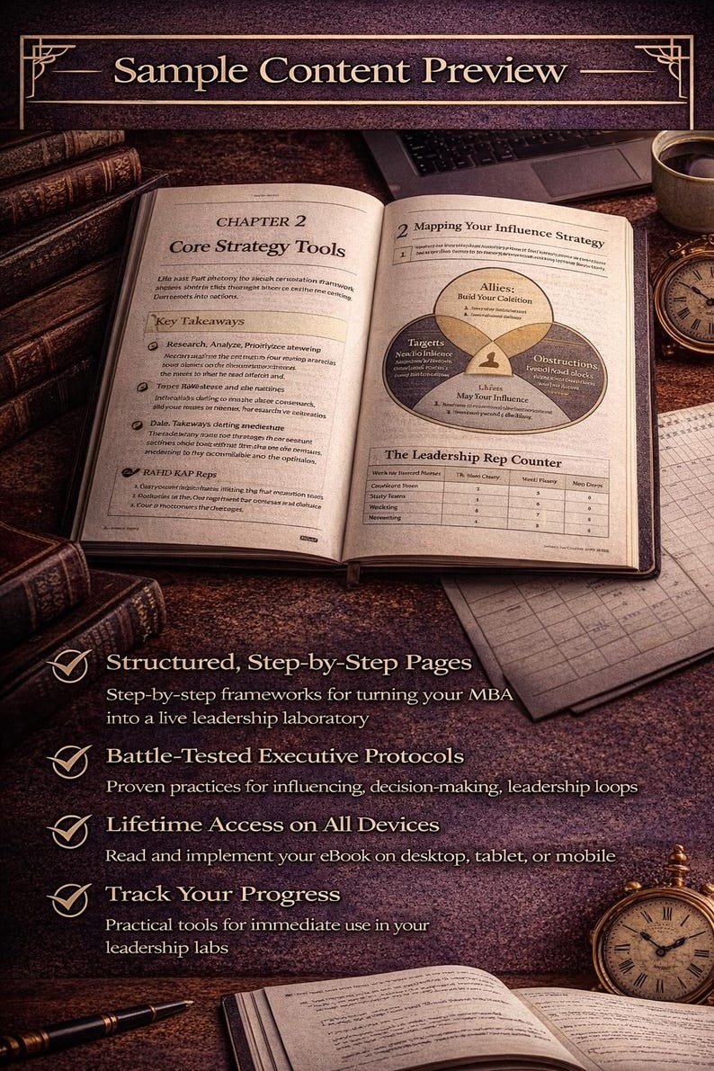 Puede incluir: Un libro abierto con los t&iacute;tulos "Core Strategy Tools" y "Mapping Your Influence Strategy". La imagen tambi&eacute;n incluye una computadora port&aacute;til, una taza de caf&eacute; y dos relojes antiguos. El texto del libro incluye puntos clave y un contador de representantes de liderazgo.