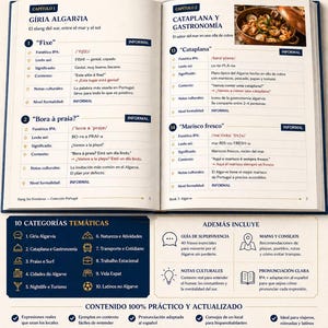 Puede incluir: Un libro titulado "Slang Sin Fronteras - Colecci&oacute;n Portugal" con el subt&iacute;tulo "As&iacute; es el contenido por dentro Algarve". La portada presenta texto e im&aacute;genes relacionadas con la regi&oacute;n del Algarve, incluyendo comida, playas y vida nocturna. El libro es para viajeros.