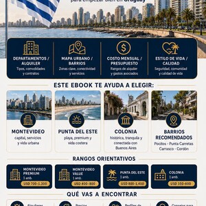 Peut inclure: Infographie en espagnol sur le co&ucirc;t de la vie et les lieux en Uruguay. Elle pr&eacute;sente des sections sur les appartements, les cartes urbaines, les co&ucirc;ts mensuels et le style de vie. L'infographie comprend des paysages urbains, des ic&ocirc;nes et un drapeau uruguayen.
