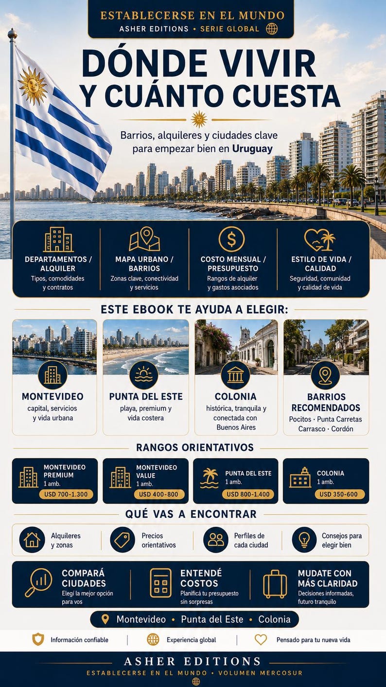 Peut inclure: Infographie en espagnol sur le co&ucirc;t de la vie et les lieux en Uruguay. Elle pr&eacute;sente des sections sur les appartements, les cartes urbaines, les co&ucirc;ts mensuels et le style de vie. L'infographie comprend des paysages urbains, des ic&ocirc;nes et un drapeau uruguayen.