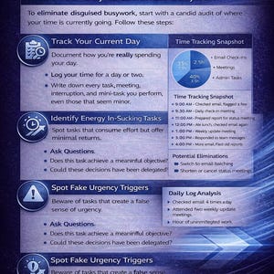 Peut inclure: Infographie bleue intitul&eacute;e "Audit Your Day to Eliminate Busywork" avec des &eacute;tapes pour suivre le temps et identifier les t&acirc;ches &eacute;nergivores. Comprend des graphiques circulaires et des puces.