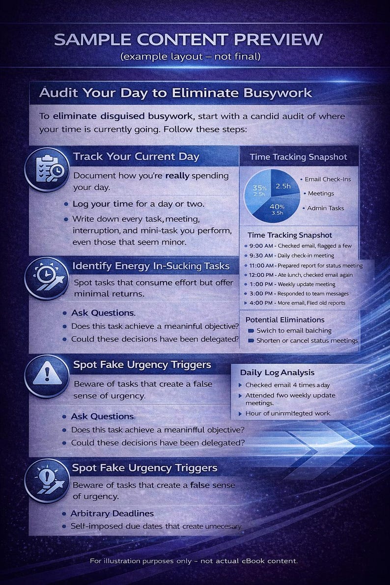 Peut inclure: Infographie bleue intitul&eacute;e "Audit Your Day to Eliminate Busywork" avec des &eacute;tapes pour suivre le temps et identifier les t&acirc;ches &eacute;nergivores. Comprend des graphiques circulaires et des puces.