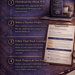 May include: An ebook guide titled "How to Use This eBook" with steps to download, select a project, follow dual-track learning, and track progress. The image includes a laptop, documents, and a coffee cup, all in a dark purple theme.