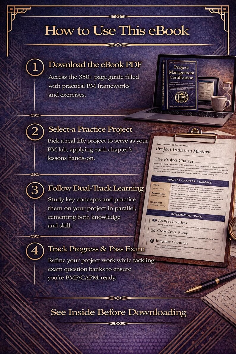 May include: An ebook guide titled "How to Use This eBook" with steps to download, select a project, follow dual-track learning, and track progress. The image includes a laptop, documents, and a coffee cup, all in a dark purple theme.