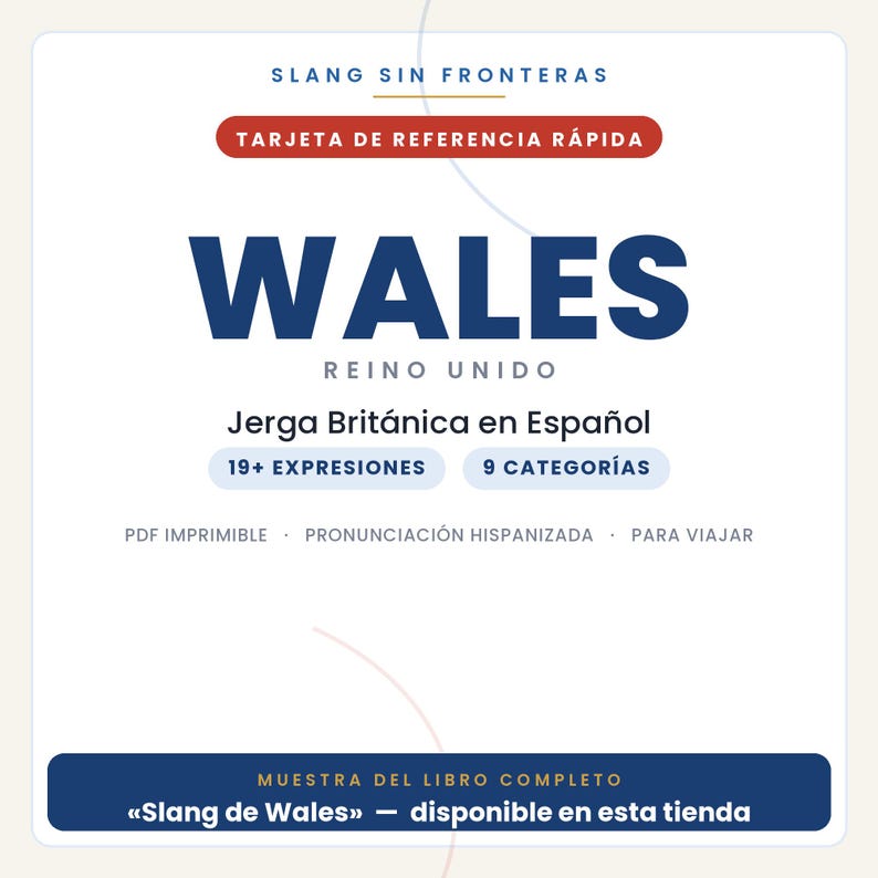 May include: A white digital reference card titled SLANG SIN FRONTERAS, featuring the text WALES REINO UNIDO, Jerga Brit&aacute;nica en Espa&ntilde;ol, 19+ EXPRESIONES, 9 CATEGOR&Iacute;AS, and MUESTRA DEL LIBRO COMPLETO Slang de Wales disponible en esta tienda.