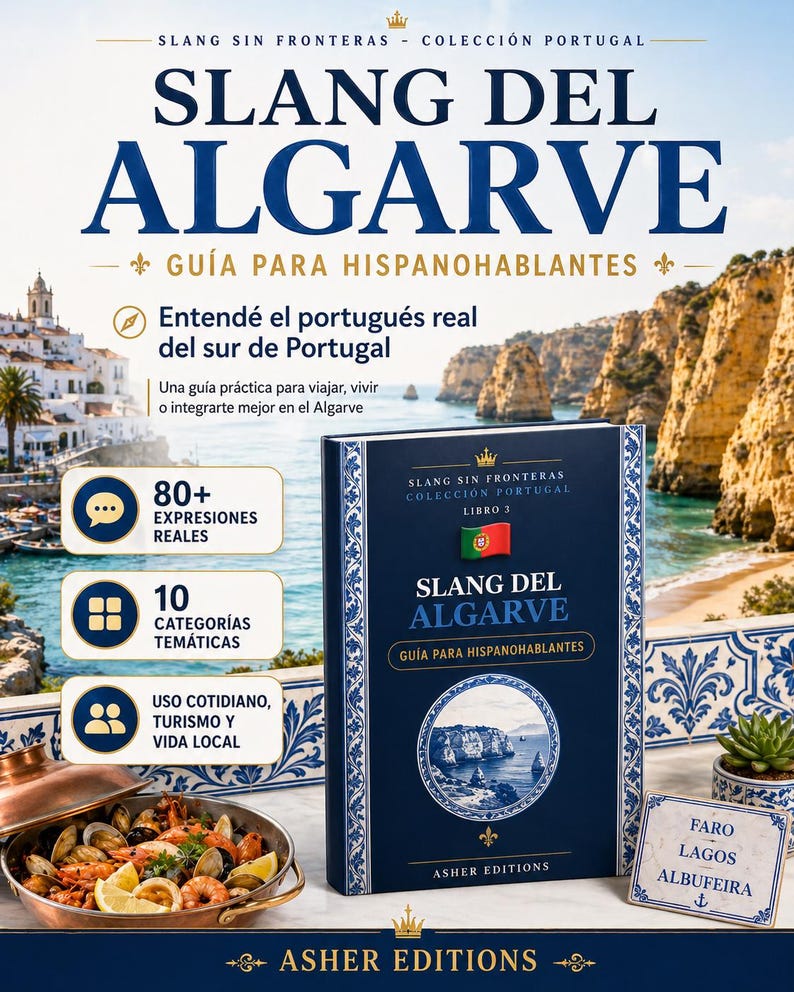 Puede incluir: Un libro titulado "Slang Del Algarve" con el subt&iacute;tulo "Gu&iacute;a Para Hispanohablantes". La portada presenta texto e im&aacute;genes, incluyendo una escena costera e iconos. El libro forma parte de la colecci&oacute;n "Slang Sin Fronteras".