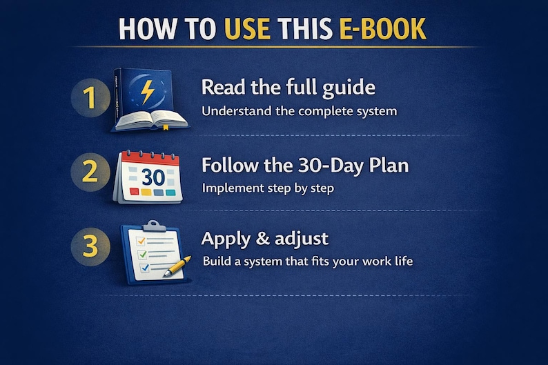 Puede incluir: Infograf&iacute;a titulada "C&Oacute;MO USAR ESTE LIBRO ELECTR&Oacute;NICO" sobre un fondo azul oscuro. Presenta tres pasos: Leer la gu&iacute;a completa, Seguir el plan de 30 d&iacute;as y Aplicar y ajustar. Cada paso est&aacute; ilustrado con un libro, un calendario y una carpeta.