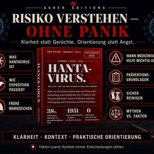 May include: A book titled "Hanta-Virus" with red cover and white text, detailing the virus's origins, history, and prevention. The image includes infographics on the virus, with text in German. The book is on a dark background with other books.