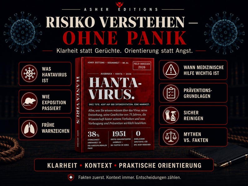 May include: A book titled "Hanta-Virus" with red cover and white text, detailing the virus's origins, history, and prevention. The image includes infographics on the virus, with text in German. The book is on a dark background with other books.