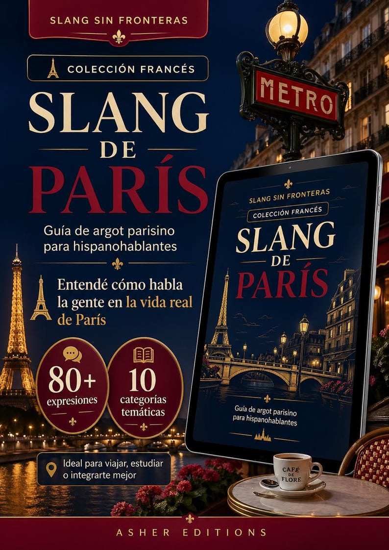 Puede incluir: Una tableta digital muestra la portada de un libro titulado "SLANG DE PARIS" en texto blanco y rojo, con la Torre Eiffel de fondo. La imagen tambi&eacute;n incluye un letrero de "METRO", una taza de caf&eacute; y texto en espa&ntilde;ol.