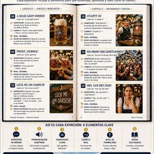 May include: A page from a German language learning book, featuring vocabulary and phrases. The book is open, displaying text and images related to Bavarian culture, including beer steins and Oktoberfest celebrations.