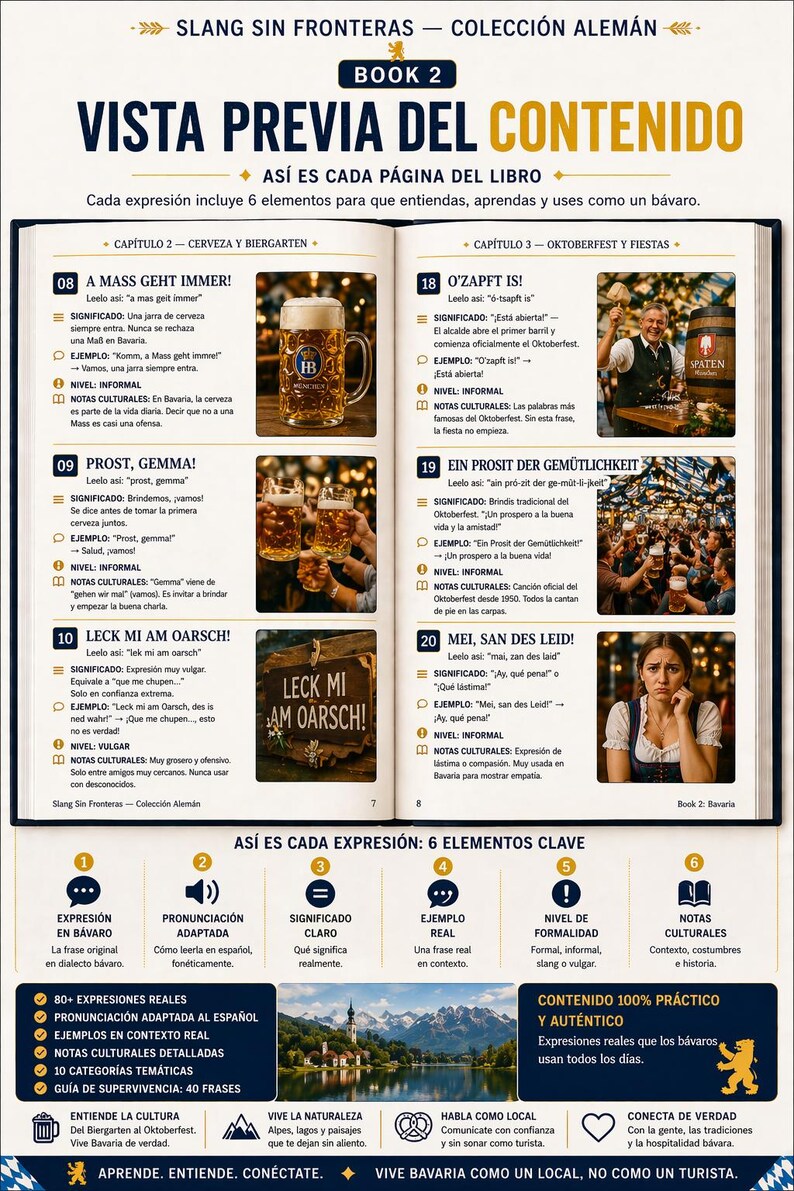 May include: A page from a German language learning book, featuring vocabulary and phrases. The book is open, displaying text and images related to Bavarian culture, including beer steins and Oktoberfest celebrations.