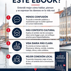 Puede incluir: Una portada de ebook azul y blanca con el t&iacute;tulo "&iquest;QU&Eacute; RESUELVE ESTE EBOOK?". Presenta un libro titulado "SLANG DE DINAMARCA" y una bandera danesa. El texto explica c&oacute;mo entender mejor a los daneses.