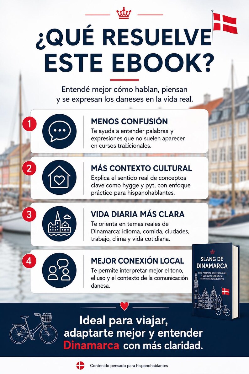Puede incluir: Una portada de ebook azul y blanca con el t&iacute;tulo "&iquest;QU&Eacute; RESUELVE ESTE EBOOK?". Presenta un libro titulado "SLANG DE DINAMARCA" y una bandera danesa. El texto explica c&oacute;mo entender mejor a los daneses.