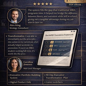 Puede incluir: Gr&aacute;fico de marketing digital con texto "What MBA Students Are Saying" y testimonios. Incluye una tableta que muestra "The RAPID Translation Framework" y fotos de Alex King y Carolina Jimenez. Ofrece una descarga instant&aacute;nea de un libro electr&oacute;nico PDF.