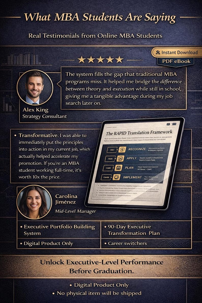 Puede incluir: Gr&aacute;fico de marketing digital con texto "What MBA Students Are Saying" y testimonios. Incluye una tableta que muestra "The RAPID Translation Framework" y fotos de Alex King y Carolina Jimenez. Ofrece una descarga instant&aacute;nea de un libro electr&oacute;nico PDF.