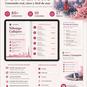 Op de afbeelding: Voorbeeld van een ebook in het Japans met de titel "AS&Iacute; SE VE POR DENTRO" (Binnenkant). De omslag toont een stadsgezicht van Tokio en kersenbloesems. Het boek belooft echte, duidelijke en gebruiksvriendelijke inhoud, met meer dan 80 uitdrukkingen en 10 categorie&euml;n.