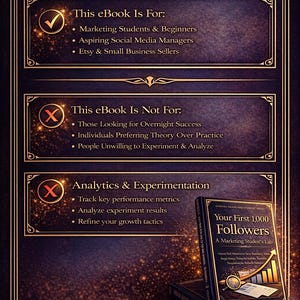 May include: An ebook titled "Your First 1,000 Followers" with a dark blue cover, stacked on another book. The image includes text detailing the ebook's target audience and what it is not for, plus analytics and experimentation topics.