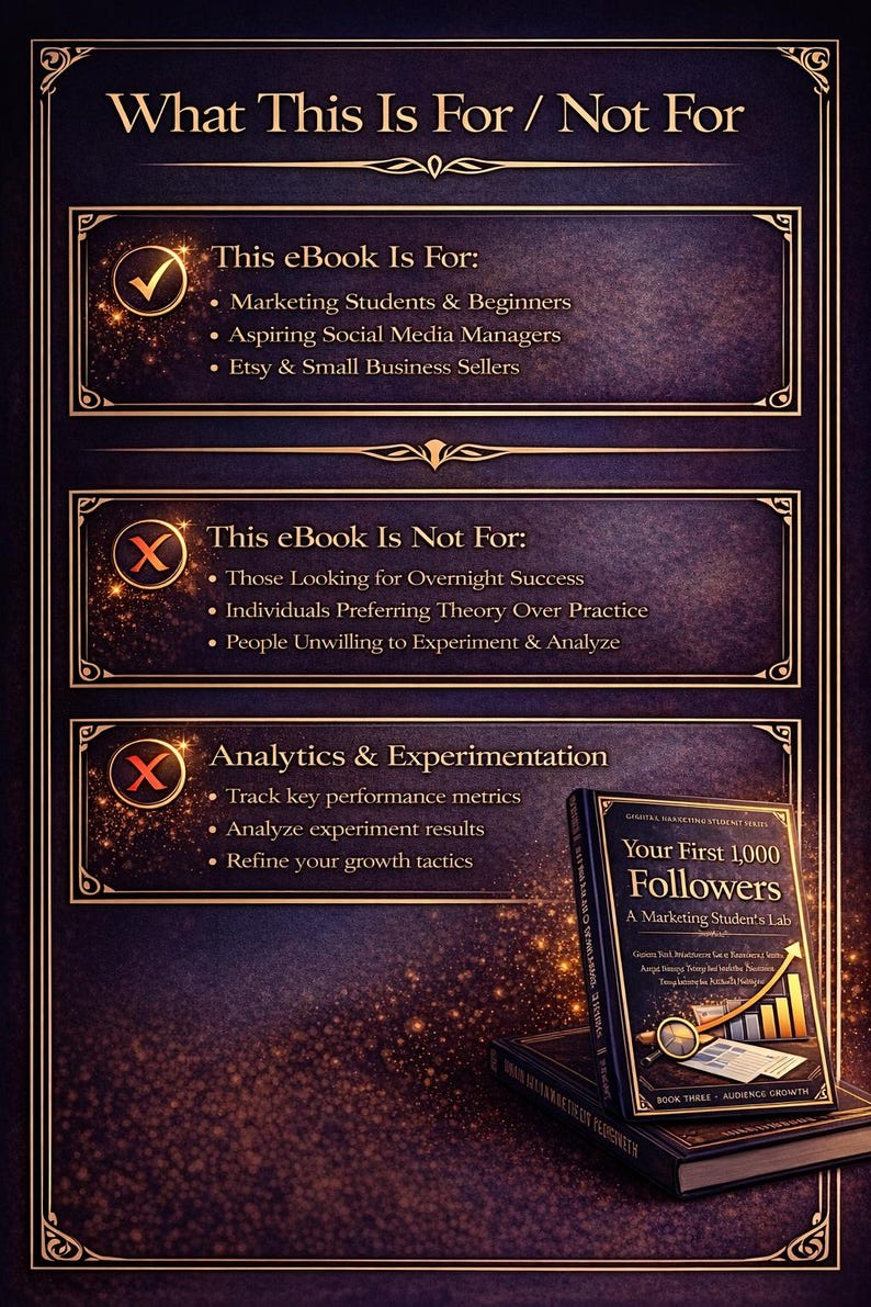 May include: An ebook titled "Your First 1,000 Followers" with a dark blue cover, stacked on another book. The image includes text detailing the ebook's target audience and what it is not for, plus analytics and experimentation topics.