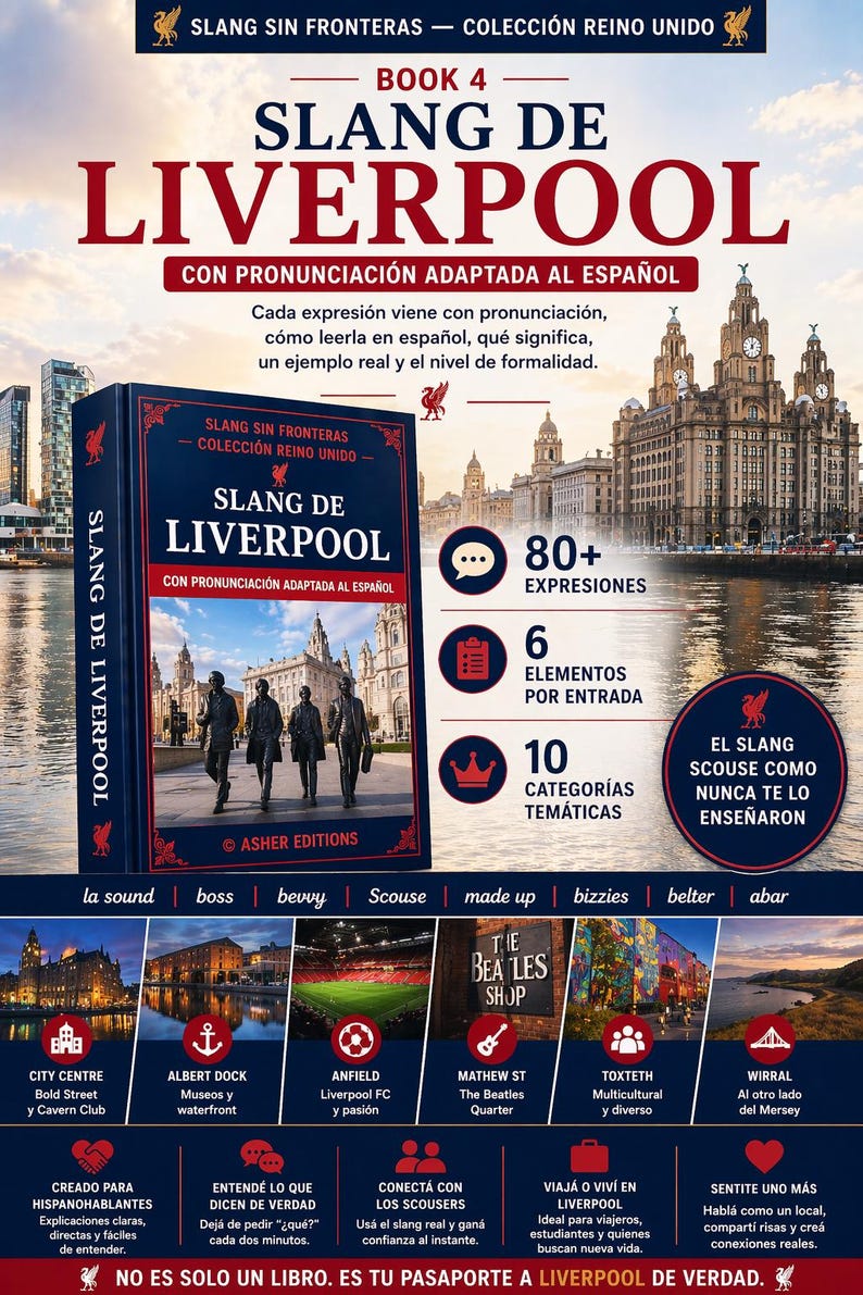 Op de afbeelding: Een boek getiteld "Slang de Liverpool" in het Spaans, met een stadsgezicht en figuren op de omslag. Het belooft meer dan 80 uitdrukkingen, 6 invoerelementen en 10 thematische categorie&euml;n. Het boek bevat ook bezienswaardigheden en slangtermen uit Liverpool.