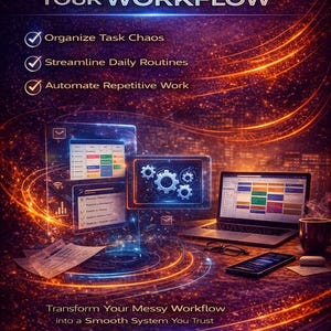 Pode incluir: Gr&aacute;fico digital que promove a sistematiza&ccedil;&atilde;o do fluxo de trabalho. A imagem apresenta um laptop, um tablet e um smartphone, com linhas brilhantes e o texto "Systemize Your Workflow". Destaca a organiza&ccedil;&atilde;o de tarefas, a otimiza&ccedil;&atilde;o de rotinas e a automa&ccedil;&atilde;o do trabalho. O call to action &eacute; "Get the Ebook Now."