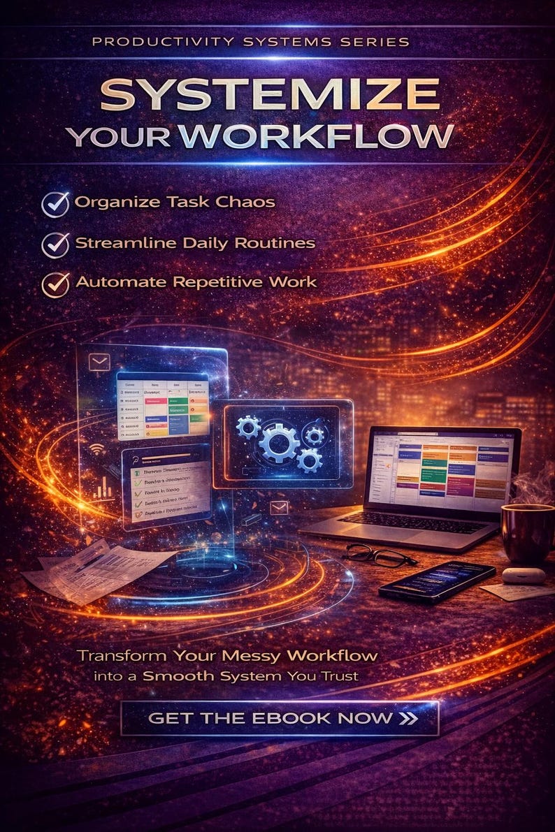 Pode incluir: Gr&aacute;fico digital que promove a sistematiza&ccedil;&atilde;o do fluxo de trabalho. A imagem apresenta um laptop, um tablet e um smartphone, com linhas brilhantes e o texto "Systemize Your Workflow". Destaca a organiza&ccedil;&atilde;o de tarefas, a otimiza&ccedil;&atilde;o de rotinas e a automa&ccedil;&atilde;o do trabalho. O call to action &eacute; "Get the Ebook Now."