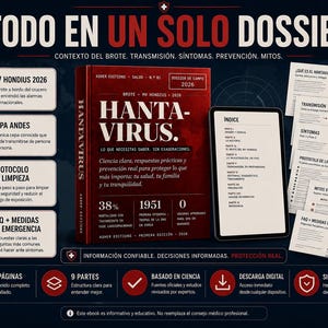 Puede incluir: Un dossier digital titulado "Hantavirus" con el texto "Lo que necesitas saber, sin exageraciones". El dossier incluye informaci&oacute;n sobre s&iacute;ntomas, prevenci&oacute;n y mitos. La portada es roja con texto blanco. Tambi&eacute;n se muestra una tableta y varias tarjetas informativas.
