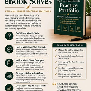 May include: An ebook titled "What This eBook Solves" with the subtitle "Real Challenges. Practical Solutions." The cover of "The Copywriting Student's Practice Portfolio" is visible. The book is dark green with gold lettering. The image includes text about copywriting.