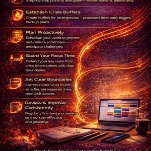 May include: An ebook cover with the title "HOW TO USE THIS eBook" and a list of steps to improve systems. A laptop, coffee cup, notebook, pens, and phone are on a wooden surface. The background has orange and purple hues.