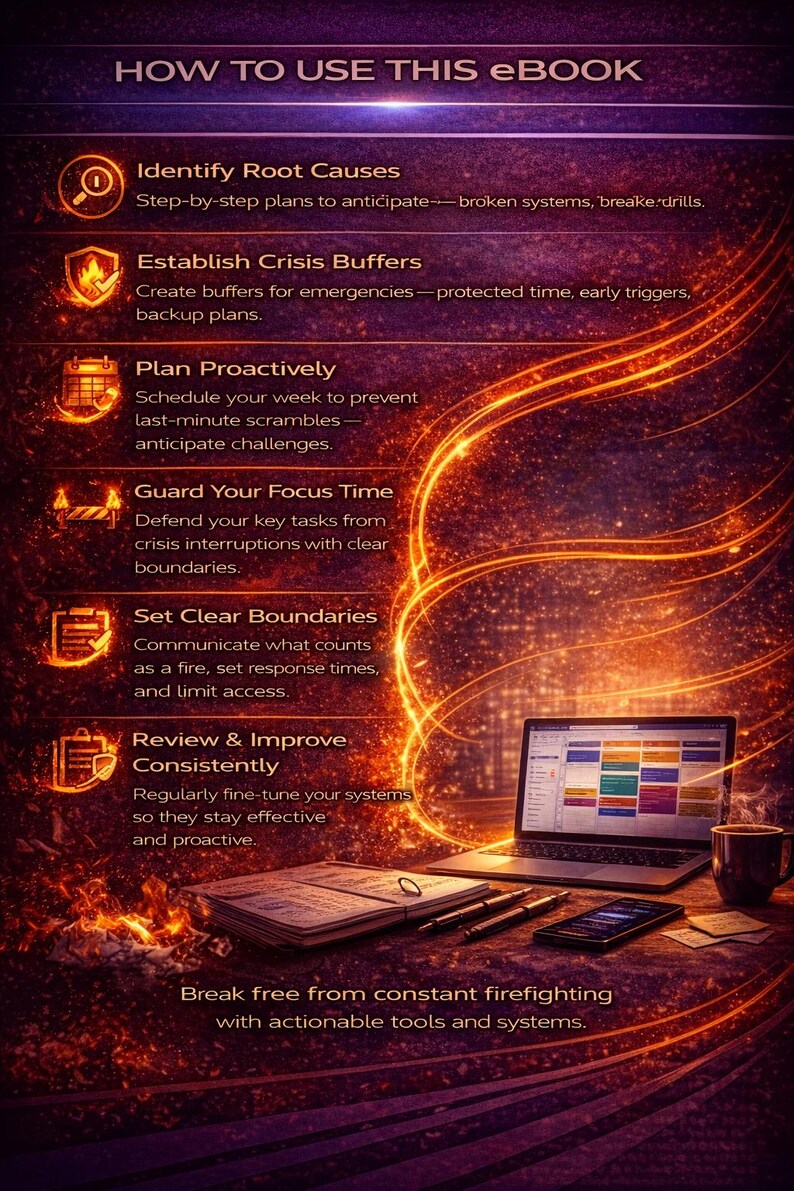 May include: An ebook cover with the title "HOW TO USE THIS eBook" and a list of steps to improve systems. A laptop, coffee cup, notebook, pens, and phone are on a wooden surface. The background has orange and purple hues.