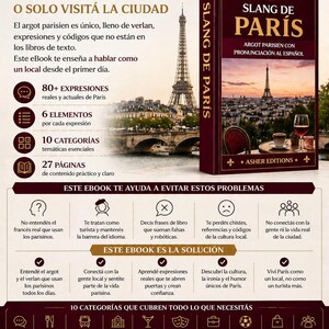 Puede incluir: Portada del libro "Slang de Par&iacute;s" con la Torre Eiffel de fondo. El libro es de color burdeos con la bandera francesa en el lomo. El texto de la portada dice "Slang Sin Fronteras - Colecci&oacute;n Franc&eacute;s".