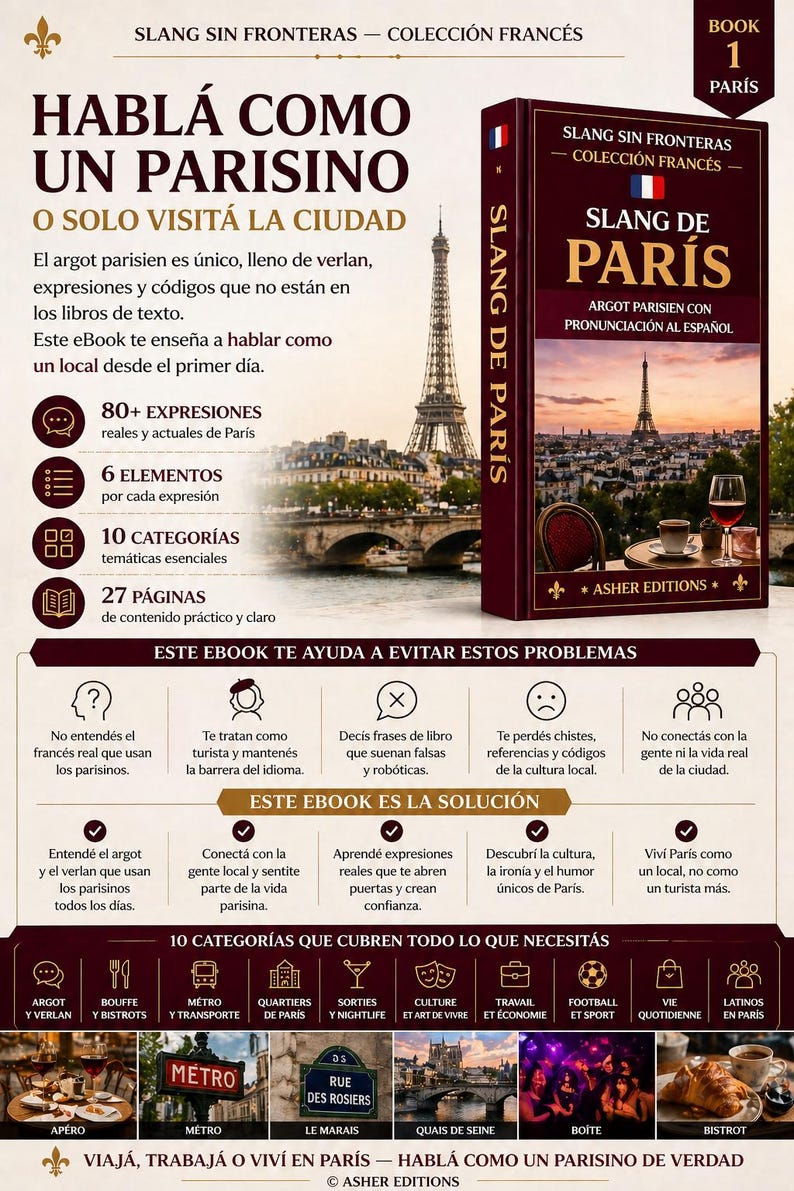 Puede incluir: Portada del libro "Slang de Par&iacute;s" con la Torre Eiffel de fondo. El libro es de color burdeos con la bandera francesa en el lomo. El texto de la portada dice "Slang Sin Fronteras - Colecci&oacute;n Franc&eacute;s".