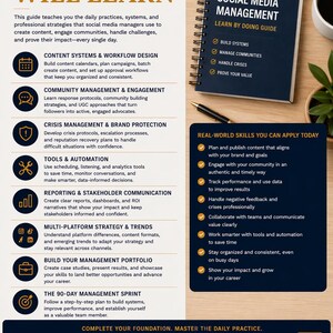 May include: A dark blue spiral-bound book titled "Social Media Management" with the text "Learn by Doing Guide." The image also includes a list of skills, a coffee cup, and a guide on digital marketing fundamentals.