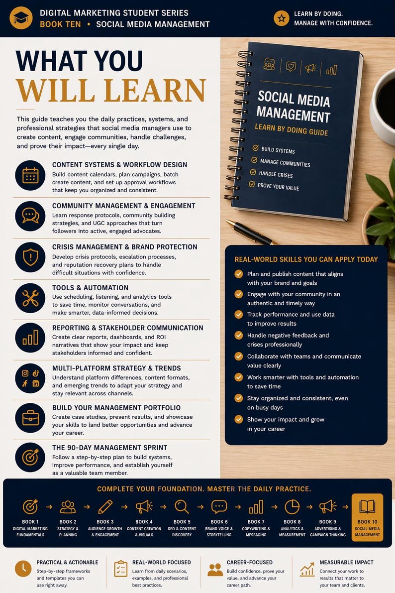 May include: A dark blue spiral-bound book titled "Social Media Management" with the text "Learn by Doing Guide." The image also includes a list of skills, a coffee cup, and a guide on digital marketing fundamentals.