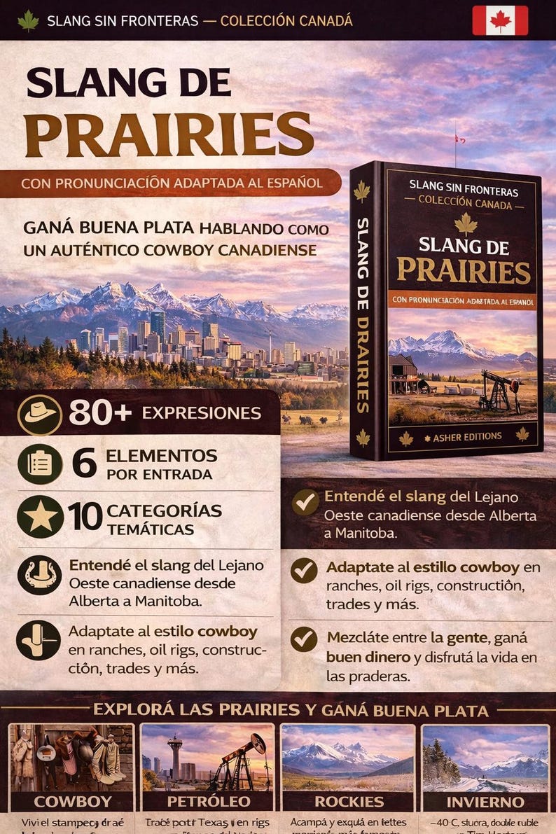 Op de afbeelding: Boekomslag "Slang de Prairies" in het Spaans, onderdeel van de collectie "Slang Sin Fronteras", met een Canadese vlag. Het toont een prairie landschap en belooft Canadese cowboy slang te leren. Uitgegeven door Asher Editions.
