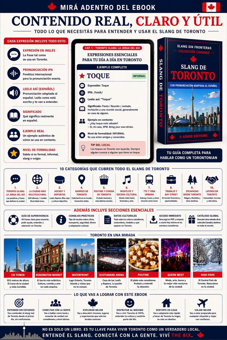 K&ouml;nnte beinhalten: Ein Leitfaden f&uuml;r den Toronto-Slang mit wichtigen Ausdr&uuml;cken f&uuml;r den t&auml;glichen Gebrauch. Enth&auml;lt Aussprache, Definitionen und Beispiele. Das Cover zeigt die Skyline von Toronto und den CN Tower.