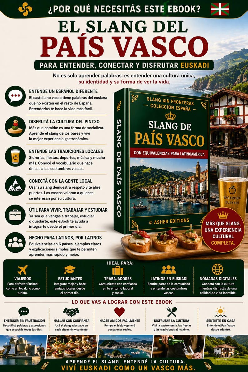 May include: An advertisement for an ebook titled "El Slang Del Pa&iacute;s Vasco" (The Slang of the Basque Country). The cover features a cityscape and a glass of beer. The ad promotes understanding Basque culture.