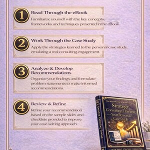 May include: An ebook titled "How to Use this eBook" with four steps: Read, Work, Analyze, and Review. A book titled "Strategy Consulting Training - Your Personal Case Study" is also visible. The image has a purple and gold color scheme.