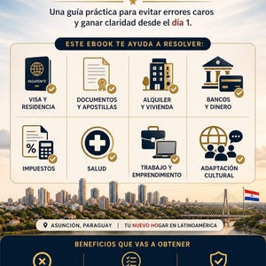 May include: A promotional graphic for Asher Editions, a practical guide for a new life without borders. The image features text in Spanish, icons, and a cityscape, offering advice on visas, housing, and finances for relocation.