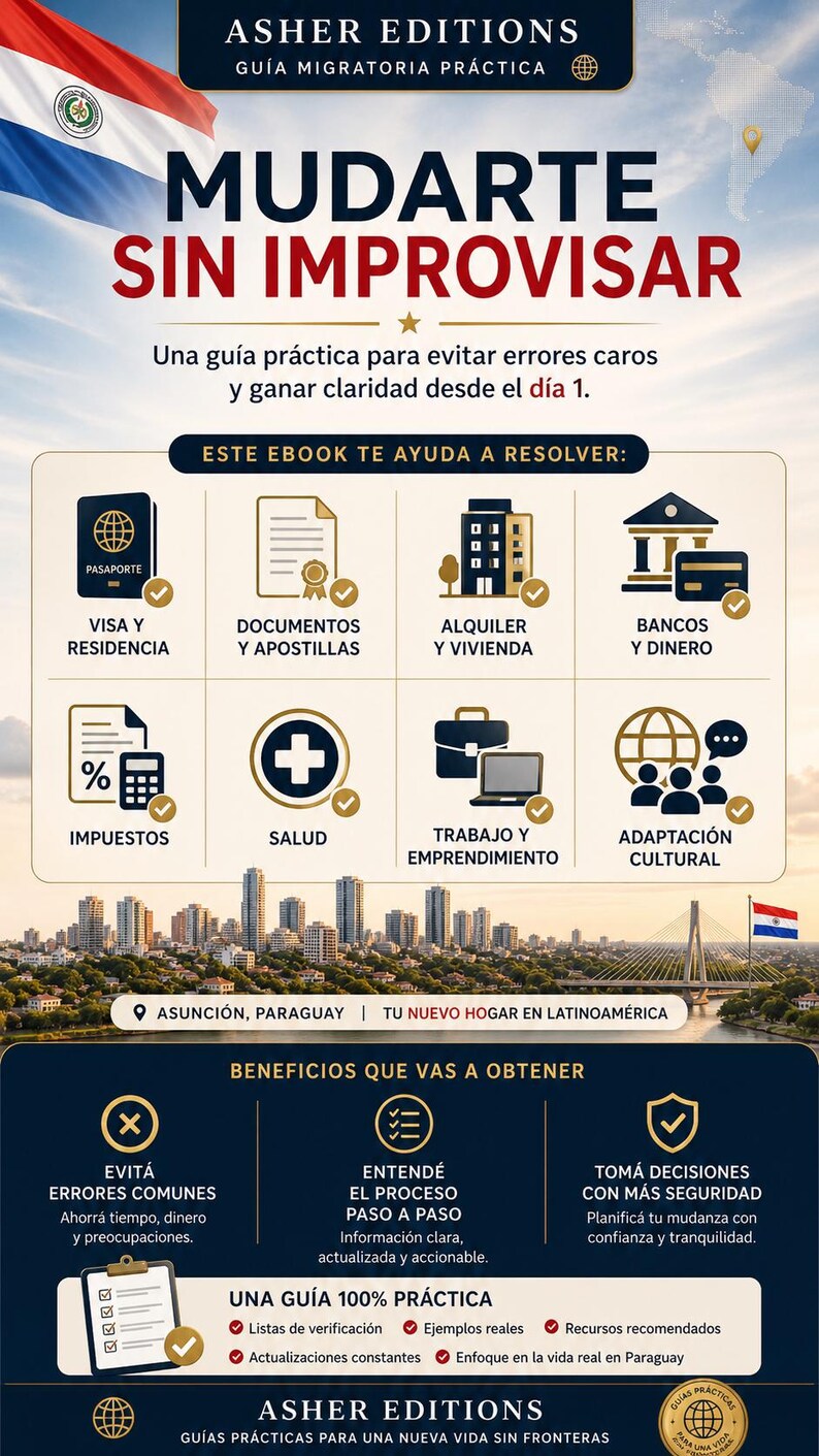 May include: A promotional graphic for Asher Editions, a practical guide for a new life without borders. The image features text in Spanish, icons, and a cityscape, offering advice on visas, housing, and finances for relocation.