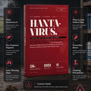 Puede incluir: Portada de libro roja con el t&iacute;tulo "Hantavirus" y el lema "Comprender el riesgo sin p&aacute;nico". La portada proporciona informaci&oacute;n sobre el virus, la exposici&oacute;n y la prevenci&oacute;n, con texto blanco.