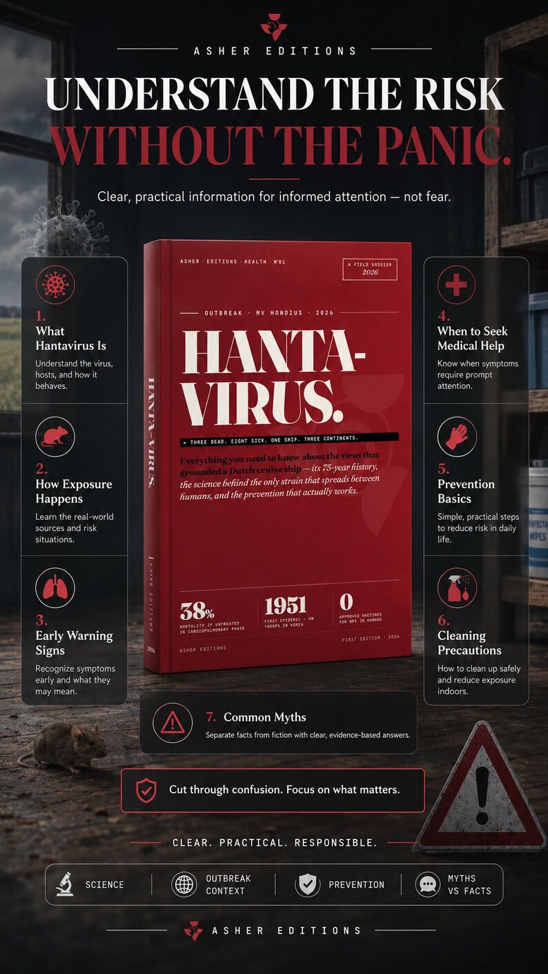 Puede incluir: Portada de libro roja con el t&iacute;tulo "Hantavirus" y el lema "Comprender el riesgo sin p&aacute;nico". La portada proporciona informaci&oacute;n sobre el virus, la exposici&oacute;n y la prevenci&oacute;n, con texto blanco.