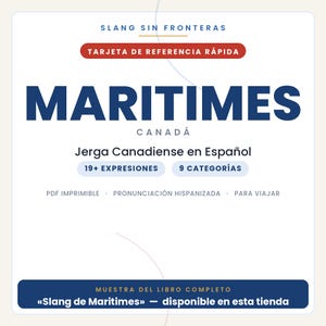 Puede incluir: Una tarjeta de referencia digital blanca titulada SLANG SIN FRONTERAS y TARJETA DE REFERENCIA R&Aacute;PIDA. Incluye el texto MARITIMES CANAD&Aacute;, Jerga Canadiense en Espa&ntilde;ol, 19+ EXPRESIONES, 9 CATEGOR&Iacute;AS y MUESTRA DEL LIBRO COMPLETO Slang de Maritimes.