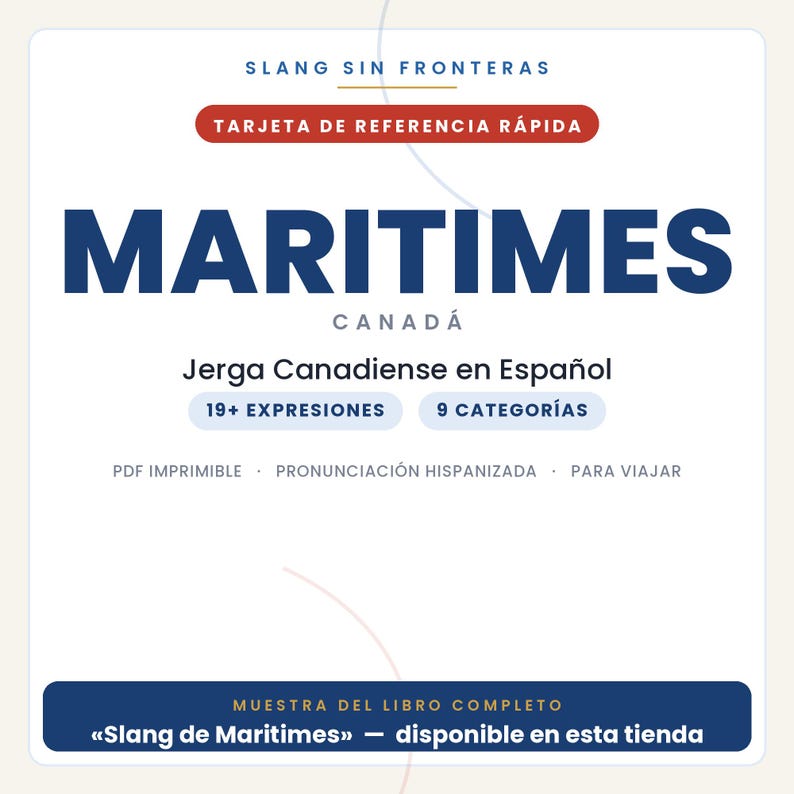 Puede incluir: Una tarjeta de referencia digital blanca titulada SLANG SIN FRONTERAS y TARJETA DE REFERENCIA R&Aacute;PIDA. Incluye el texto MARITIMES CANAD&Aacute;, Jerga Canadiense en Espa&ntilde;ol, 19+ EXPRESIONES, 9 CATEGOR&Iacute;AS y MUESTRA DEL LIBRO COMPLETO Slang de Maritimes.