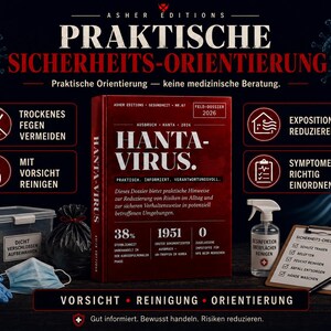May include: A promotional image for a health and safety guide. The image features a book titled "HANTA-VIRUS" with text in German. Other elements include a checklist, cleaning supplies, and a thermometer. The image also contains text in German about safety measures.