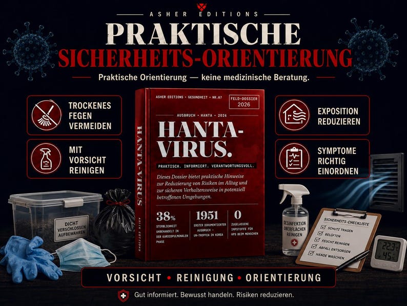 May include: A promotional image for a health and safety guide. The image features a book titled "HANTA-VIRUS" with text in German. Other elements include a checklist, cleaning supplies, and a thermometer. The image also contains text in German about safety measures.