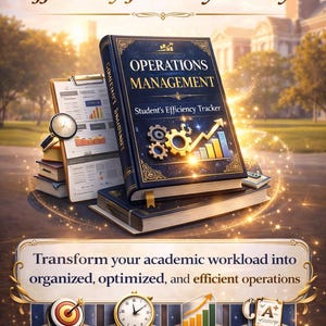 May include: An image promoting an efficiency tracker. The image features a stack of books, including one titled "Operations Management." Text includes "Get Started on Your Efficiency Journey Today!" and "Transform your academic workload." Icons for focus, time, performance, and grades are also shown.